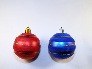 Christmas decoration red and blue balls with frosted stripes