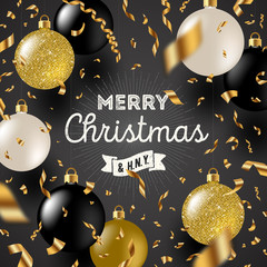 Wall Mural - Christmas greeting vector illustration - Golden foil confetti and white and glitter gold Christmas baubles.