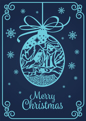 Wall Mural - Merry Christmas banner card with  paper cut art mary and joseph in a manger with baby Jesus in Christmas Ball and snow sing vector design