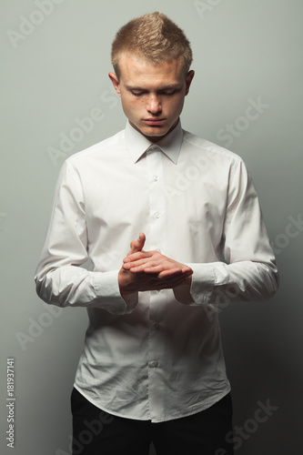 Fashionista Concept Portrait Of Brutal Young Man With Short Blond