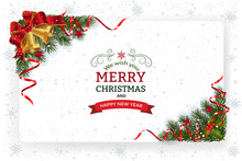 Christmas And New Year Greeting Card.Christmas Background With Decoration And Paper. Decorative Christmas Festive Background With Bells Stars And Ribbons.