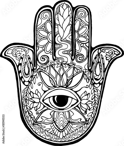 Illustration of an ancient symbol of hamsa. Black and white hand ...