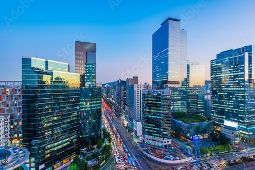 Traffic at night in Gangnam City Seoul, South Korea. Wallpaper Mural