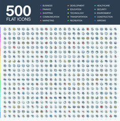 Vector illustration of 500 flat thin line business icons. Finance, shopping, communication technology, market, app develop, education, transport, healthcare, environment and security. Color symbol set