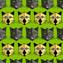 Seamless Pattern In Geometric Cartoon Style With Siamese And Gray Kats On A Green Background For Decoration