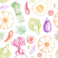 Wall Mural - Vegetables seamless pattern. Farmers market menu design template. Organic vegetables food packaging pattern. Vintage hand drawn sketch vector illustration. Line art graphic. Engraved style.