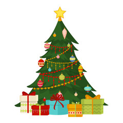 christmas tree with fir gifts balls lights winter holiday gift card merry xmas celebration happy new