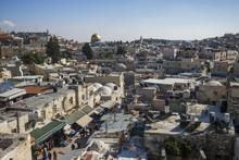 View Of Old City From Ramparts Walk With Dome Of The Rock And Tower Of David In The Background, Jerusalem, Israel