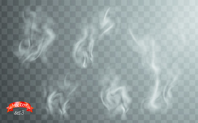 white cigarette smoke waves. white hot steam over cup for dark and transparent background. set of fu