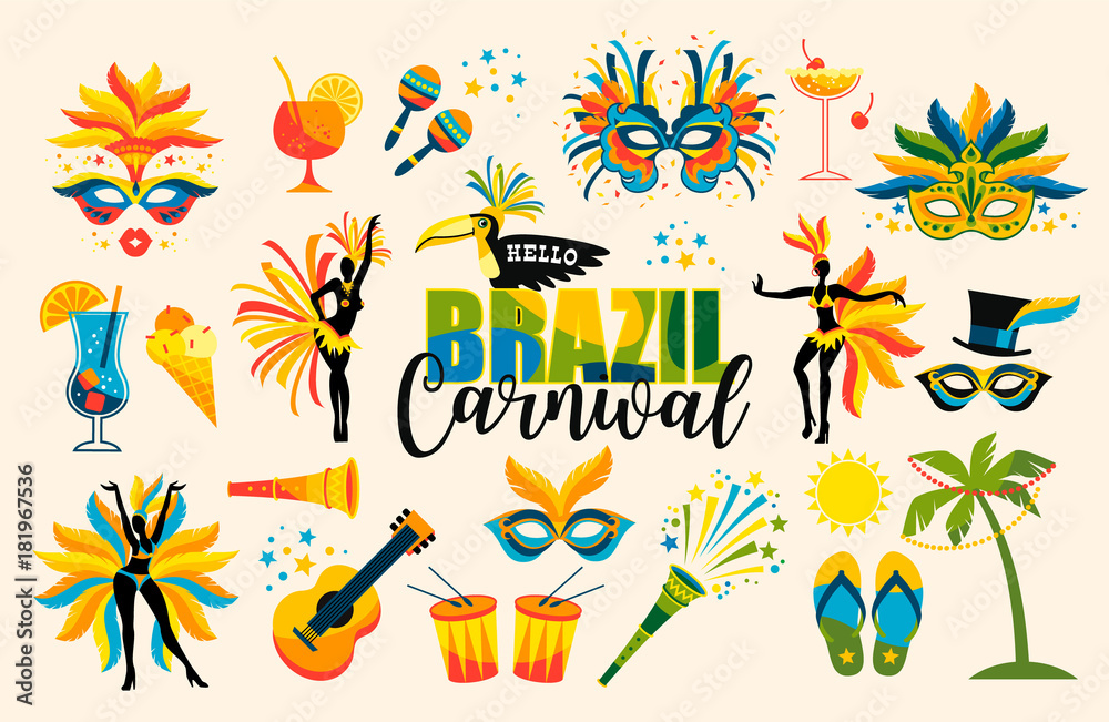 Brazilian Carnival. Set of icons. Vector. - obrazy, fototapety, plakaty 