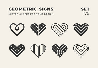 Set of eight minimalistic trendy shapes. Stylish vector logo emblems for Your design. Simple creative geometric signs collection.