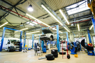 Klimovsk, Moscow region, Russia - November, 17, 2017: interior of a car repair station in Klimovsk, Russia