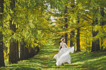 The bride spinning in the developing white dress on background of the fo