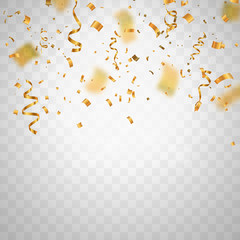 Golden flying blur confetti on transparent background . Template for Holiday vector illustration