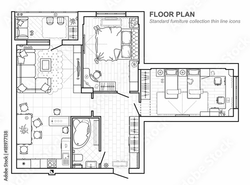 Floor plan with furniture in top view. Architectural set of ... Floor plan with furniture in top view. Architectural set of ...
