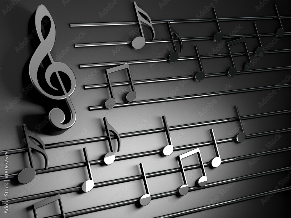 Fondo musical 3d.Partitura y notas musicales.Concepto de canciones y melodia.Clave Sol - obrazy, fototapety, plakaty 