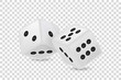 Vector illustration of white realistic game dice icon in flight closeup isolated on transparency grid background. Casino gambling design template for app, web, infographics, advertising, mock up etc