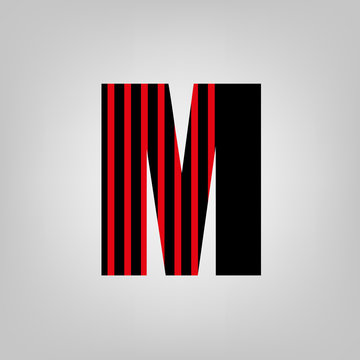 Vector stripped alphabet. Letter M.Gray gradient background