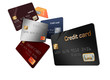 Credit cards, a number of them together illustrate the ideas of choosing the right card, or having too many credit cards. 3-D illustration.