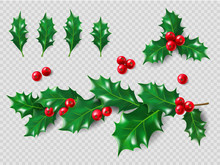 Holly Set. Realistic Leaves, Branch, Red Berries. Christmas And New Year Decorations. 3d Illustration For Your Layout Design.