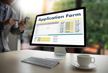 Poster - business man working on laptop computer use Online Web Job Application Form moniter