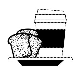 Poster - disposable coffee cup and bread slices on dish in black dotted silhouette on white background