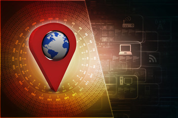 Poster - 3d rendering Red map pointer with world map