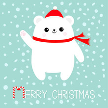 Merry Christmas Candy Cane Text. Polar White Bear Cub. Red Santa Claus Hat And Scarf. Cute Cartoon Baby Character. Arctic Animal. Paw Print Hand. Flat Design. Winter Snow Flake Background.
