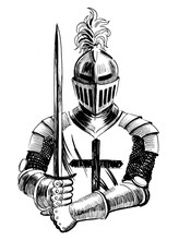 Knight With A Sword. Ink Black And White Illustration.
