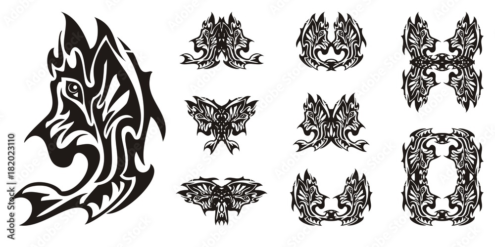 Tribal ornate fish and double fish symbols. Abstract flaming fish who is jumping out of water, a butterfly, the frame and other decorative symbols formed from her for your design