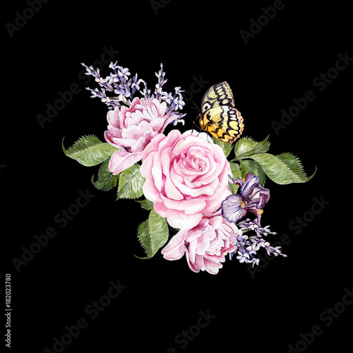 Watercolor  wedding bouquet with rose and peony.