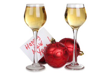 Wall Mural - Christmas balls and wineglasses on white background