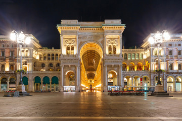 One of the world's oldest shopping malls Galleria Vittorio Emanuele II at night in Milan, Lombardia, Italy