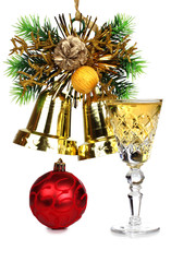 Wall Mural - Christmas bell and wineglasses on white background