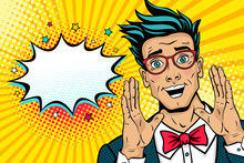 Wow Pop Art Male Face. Surprised Happy Young Man In Suit, Bow Tie And Glasses With Open Mouth Rises Hands Screaming Announcement. Vector Illustration In Retro Comic Style. Party Invitation Poster.