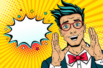 Wall Mural - Wow pop art male face. Surprised happy young man in suit, bow tie and glasses with open mouth rises hands screaming announcement. Vector illustration in retro comic style. Party invitation poster.