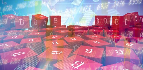 Poster - Composite image of several red cube with bitcoin sign on each