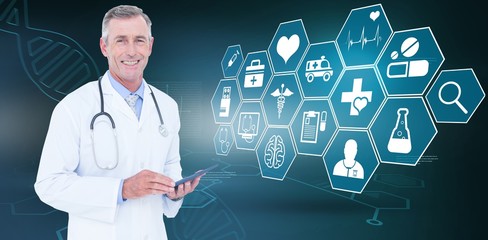 Poster - Composite image of confident male doctor holding digital tablet