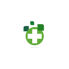 Poster - Green cross logo, eco healing herbs pharmacy, isolated vector logotype template on white background.