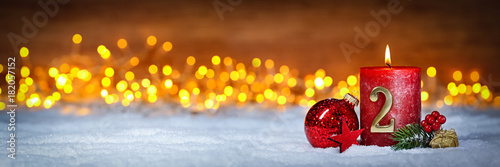 Zweiter Advent schnee panorama Kerze mit Zahl dekoriert weihnachten Aventszeit h Tableau sur Toile