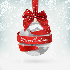 Sticker - Merry Christmas, earth icon with red bow and ribbon around.