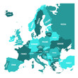 © pyty - Political map of Europe continent in four shades of turquoise blue with white country name labels and isolated on white background. Vector illustration.