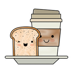 Poster - kawaii disposable coffee cup and bread slice in colored crayon silhouette