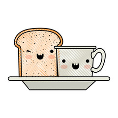 Poster - kawaii coffee cup and bread slice on dish in colored crayon silhouette