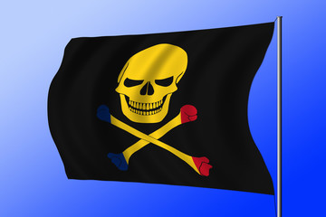 Waving black pirate flag with the image of Jolly Roger with crossbones combined with colors of the Romanian flag
