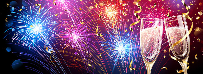 Wall Mural - Colorful fireworks with champagne and confetti