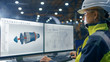 © Gorodenkoff - Inside the Heavy Industry Factory Female Industrial Engineer Works on the Personal Computer on the Turbine/ Engine Project in 3D Using CAD Program.
