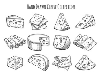 Cheese sketch set. Vector doodle collection of cheese pieces and slices