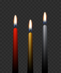 Wall Mural - set of three vector realistic burning tall candles isolated on transparent background