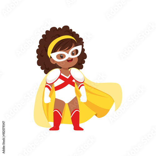 Comic Brave Girl Kid With Curly Hair In Superhero White And Red